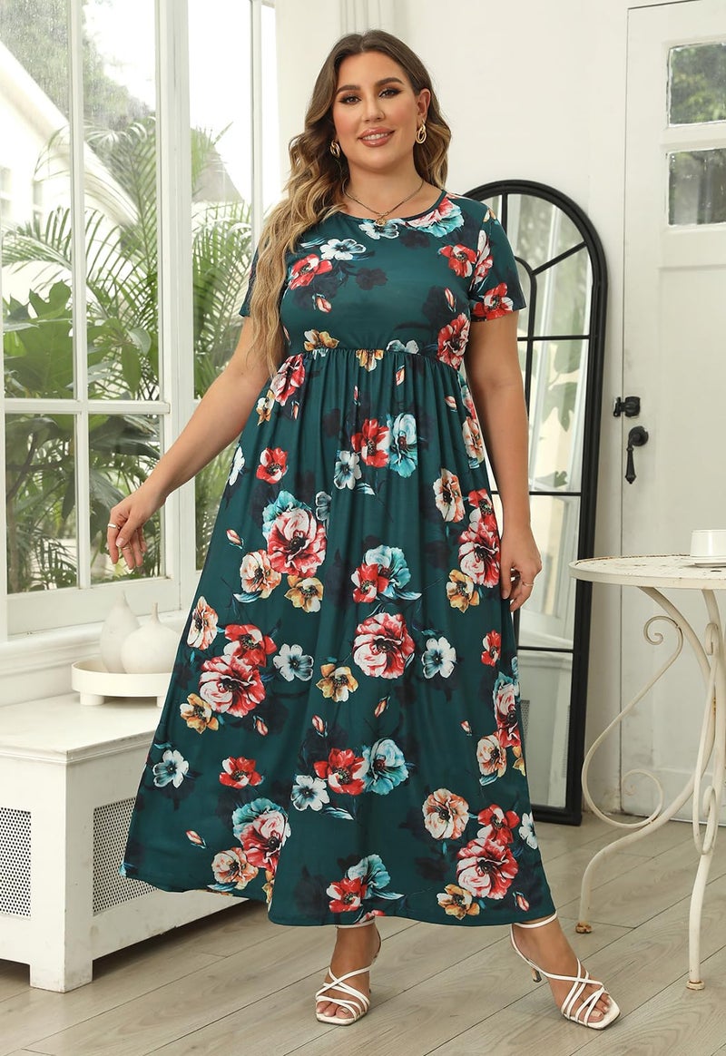 Nemidor Plus Size Maxi Dresses for Curvy Women Summer Casual Loose Short Sleeve Long Beach Dress with Pocket(149,22,Green Print) - Image 4